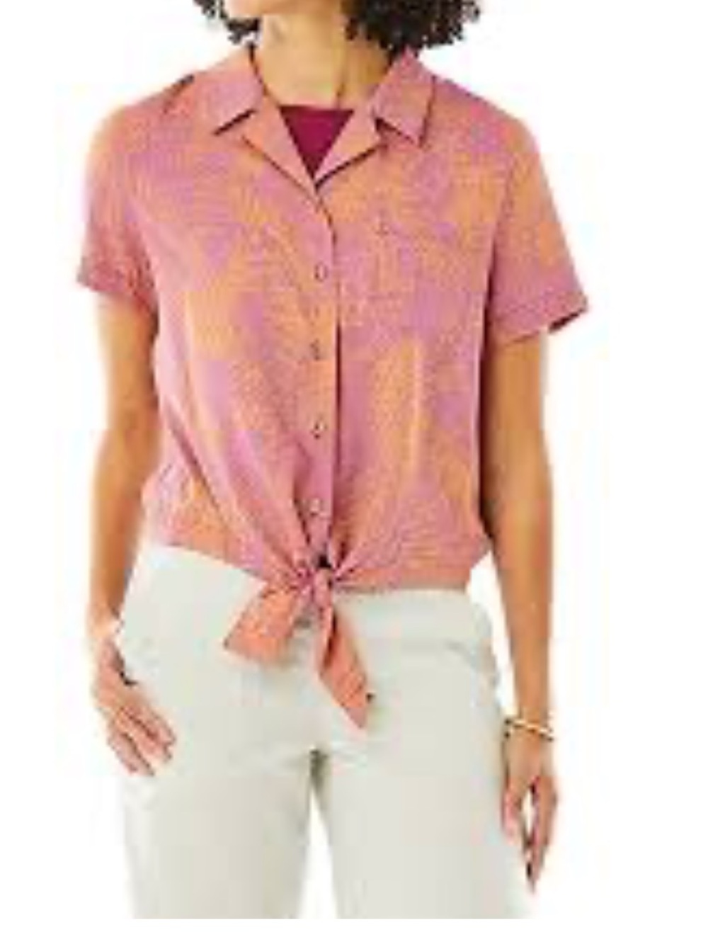 Royal Robbins Women's Bergen pink orange floral short sleeve front tie size XL